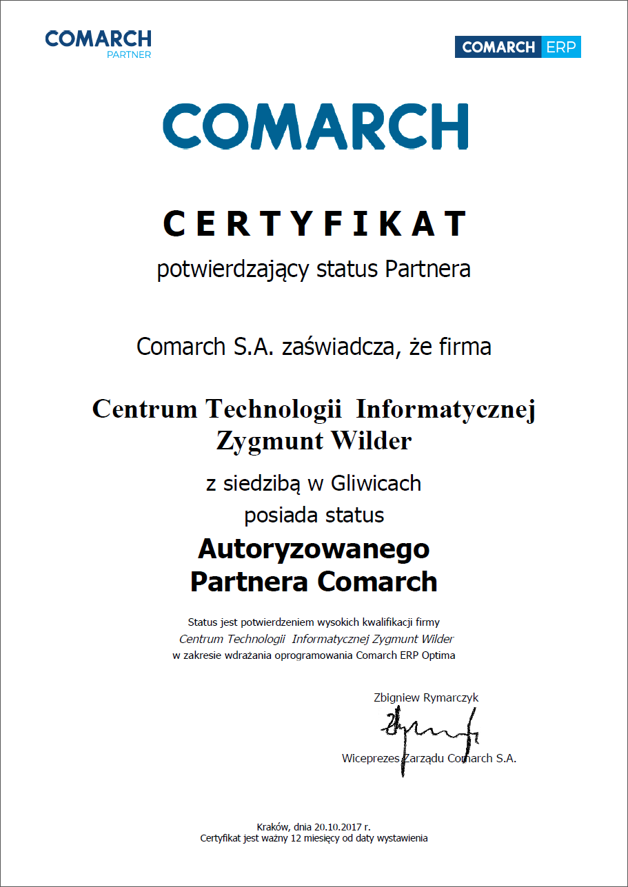Certyfikat posiadania statusu Autoryzowanego Partner Comarch w 2017 roku