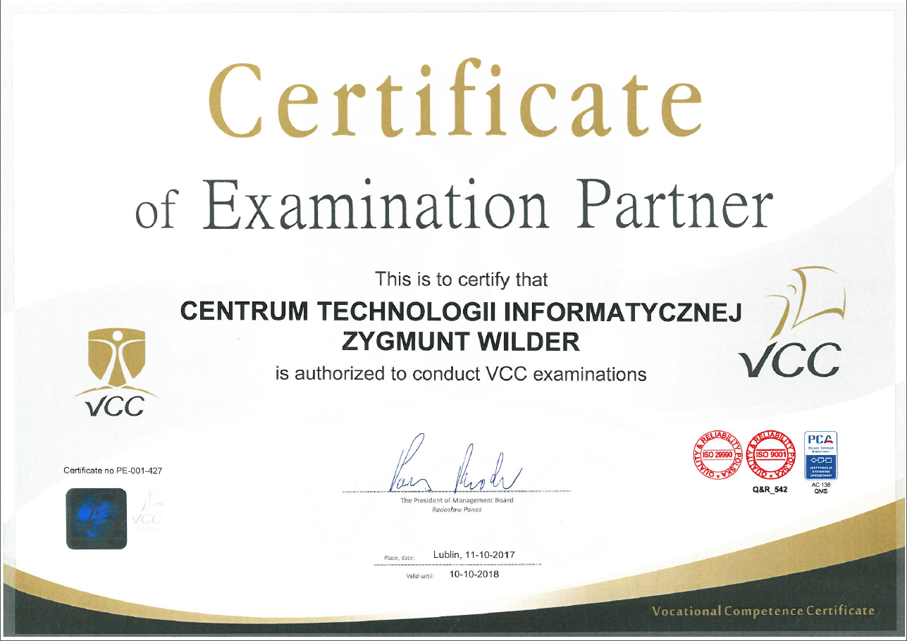 Certyfikat potwierdzajÄcy kompetencje do prowadzenia szkoleĹ z standardu VCC w 2017 roku