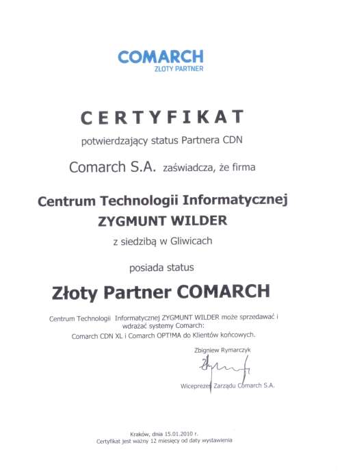 Certyfikat posiadania statusu Złoty Partner w 2010 roku