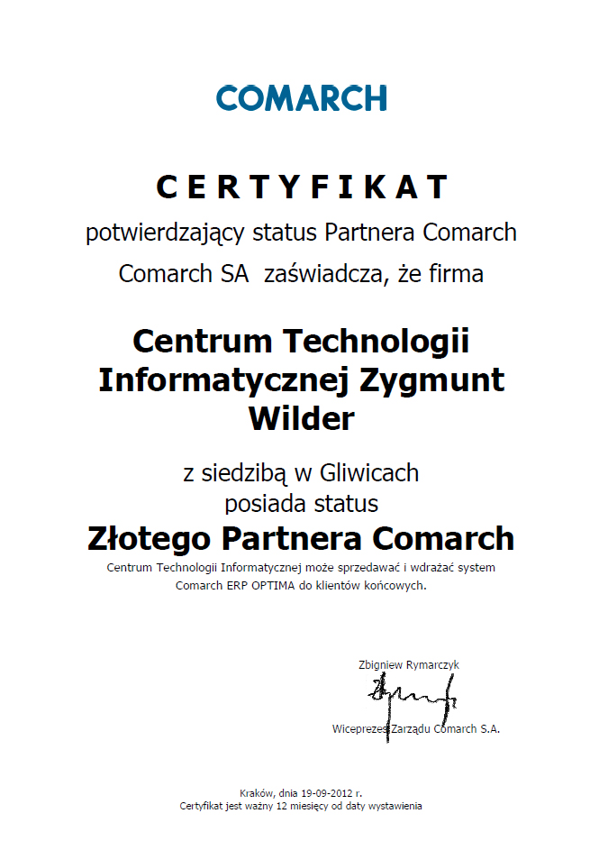 Certyfikat posiadania statusu zĹoty Partner w 2012 roku